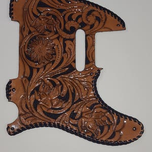 Leather pick guard telecaster guitar pickguard handtooled leather new music &quot;Floral Riffs&quot; brpwn and  black laced