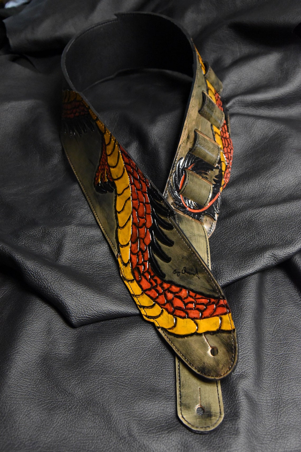 Guitar Strap Leather dragon Twist Hand Made in the USA Hand Tooled and