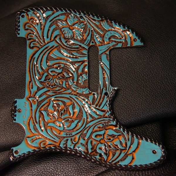 Leather pick guard telecaster guitar pickguard handtooled leather new music "Floral Riffs" Copper antiqued look laced