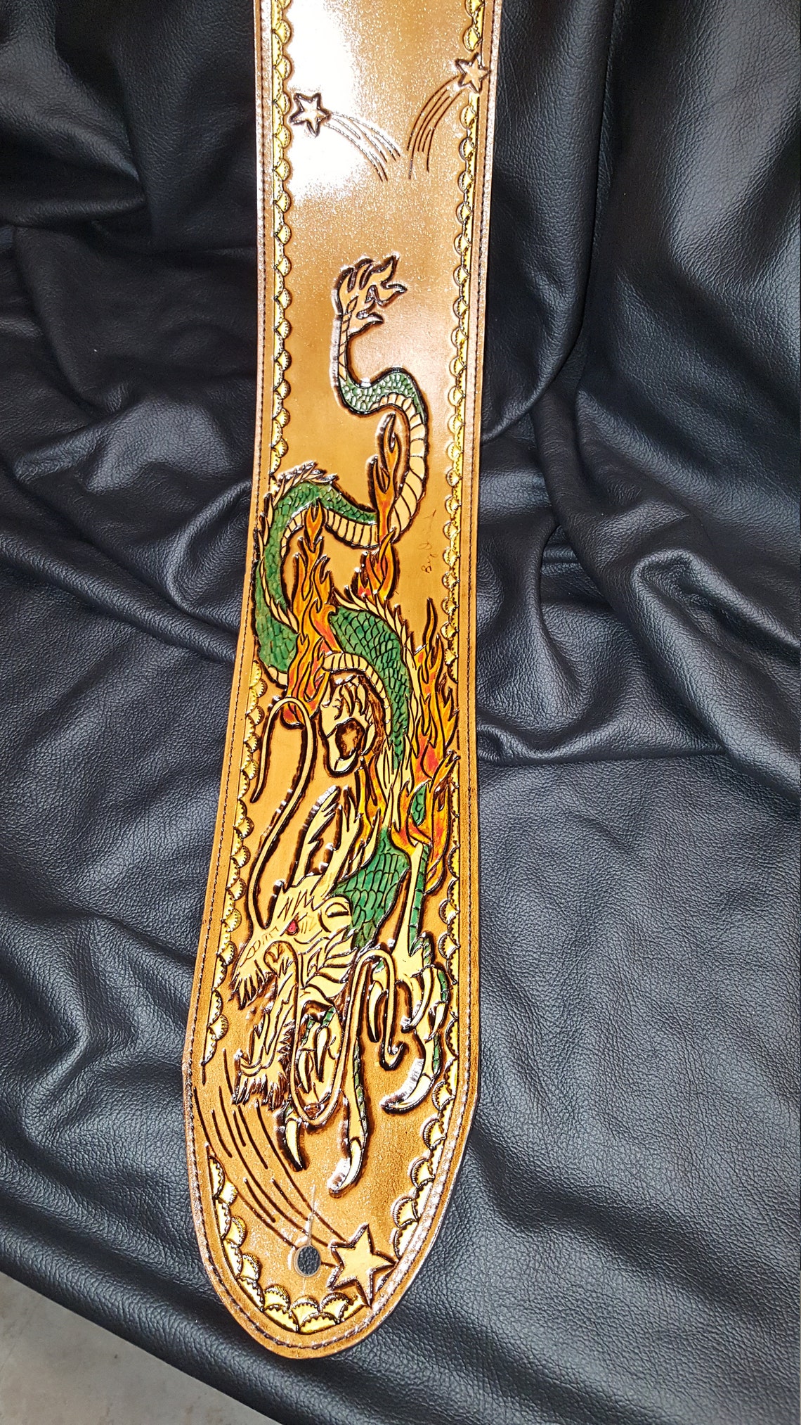 Leather Guitar Strap Dragon's Breath 4 BB Custom Strap With Gold High