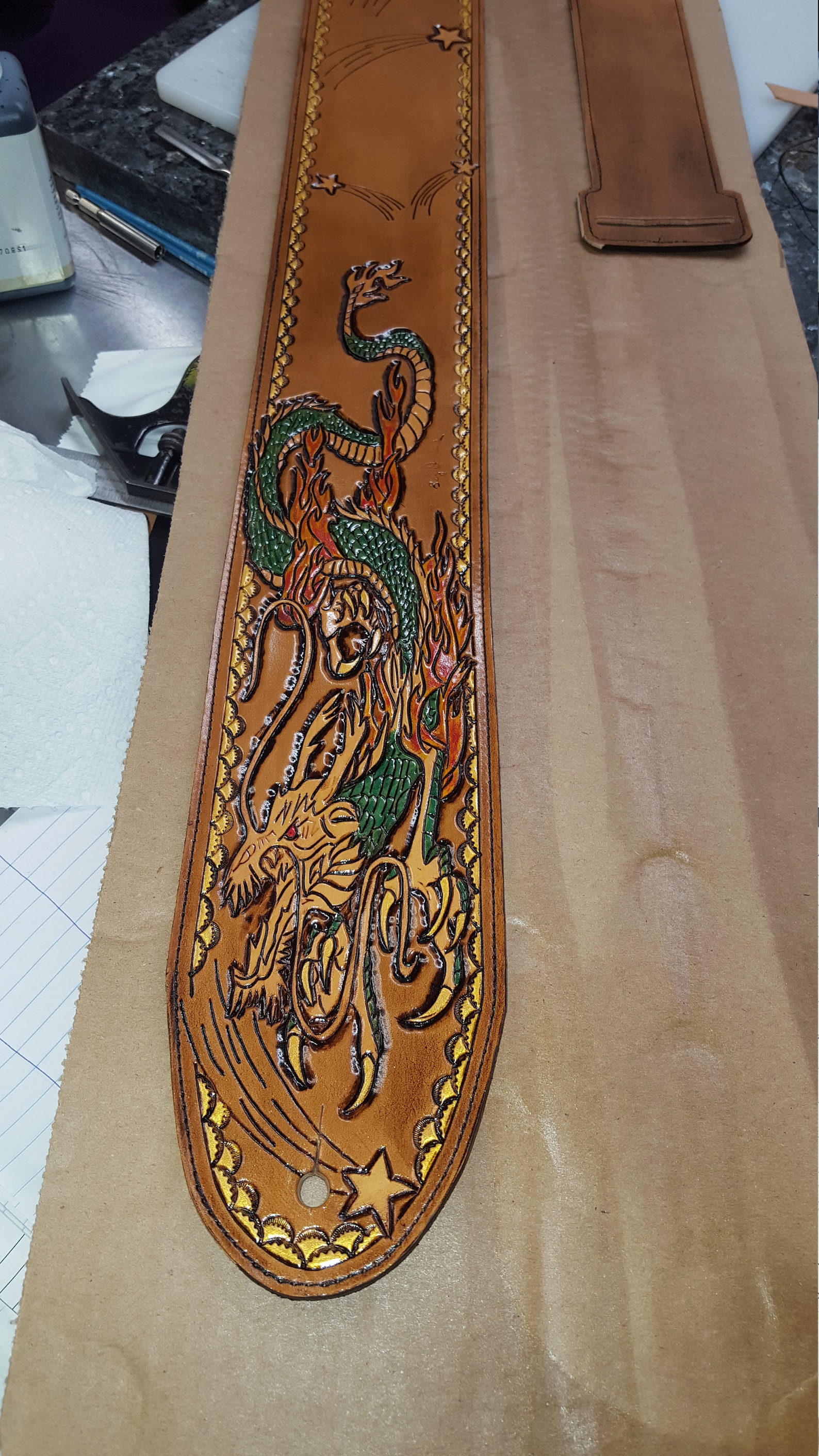 Leather Guitar Strap Dragon's Breath 4 BB Custom Strap With Gold High