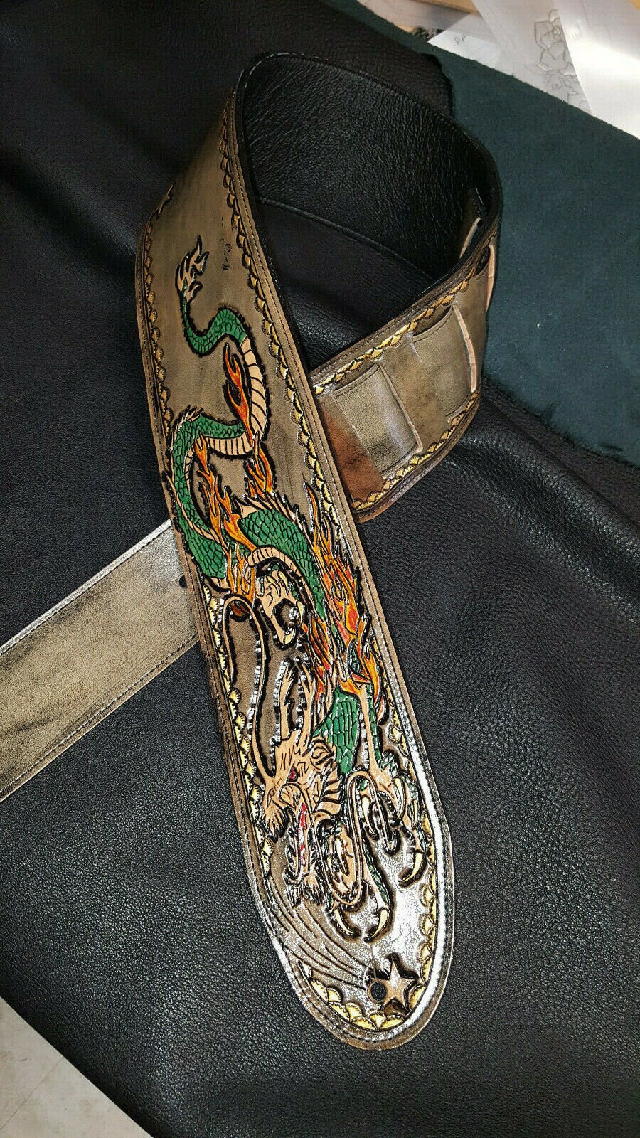 Leather Guitar Strap Dragon's Breath 4 SB Custom Strap With Gold High