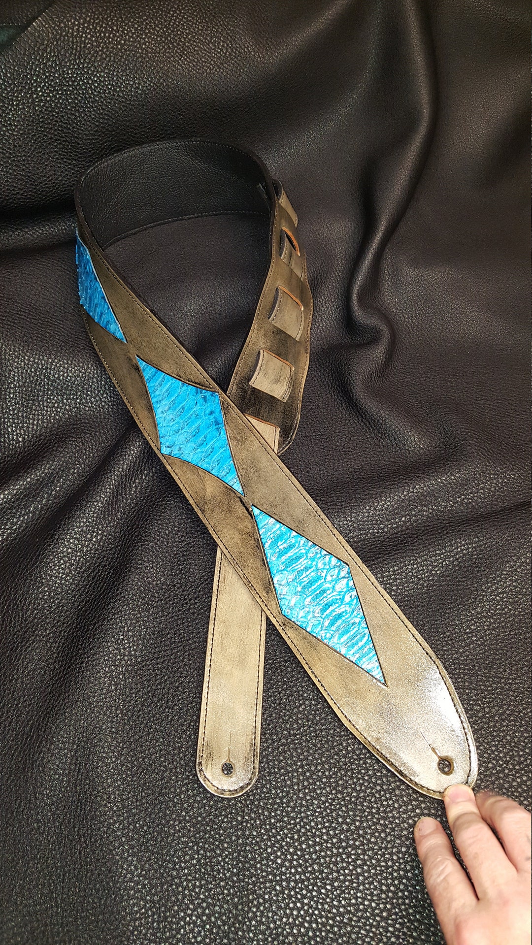 Leather Guitar Strap Snake Skin Belly patches Hand Made Hand Tooled and
