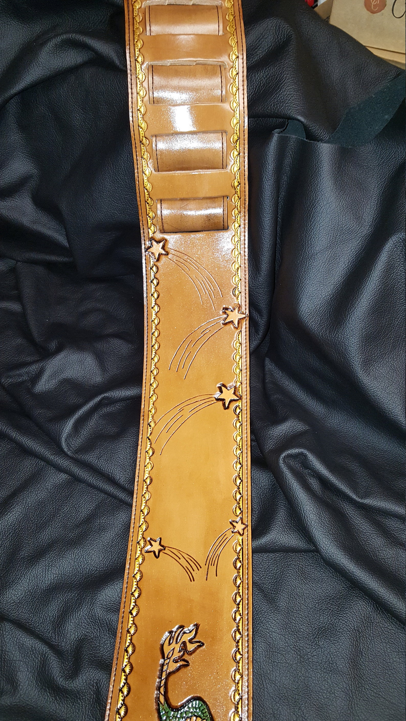 Leather Guitar Strap Dragon's Breath 4 BB Custom Strap With Gold High