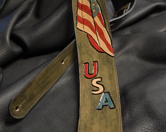 Correa de guitarra de cuero fabricada en EE. UU. "The Patriot" "3.5" SB correa personalizada hecha a mano