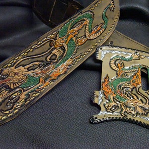 leather guitar Strap and pickguard telecaster  &quot; Dragon&#39;s Breath &quot; 4&quot;  SB custom strap with gold high lights