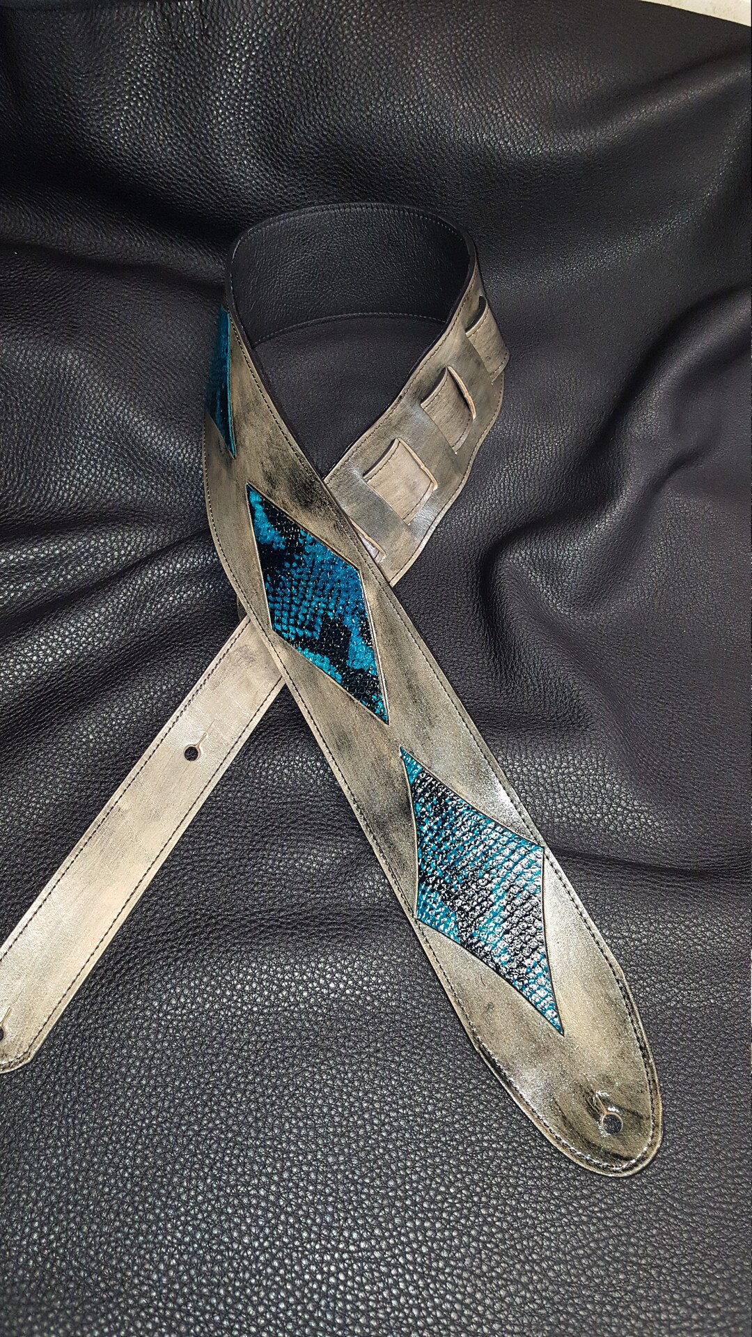 Leather guitar Strap snake skin Patches hand made hand tooled and dyed