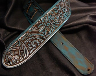 Correa de guitarra de cuero "Floral Riffs Antiqued" 3.5" BB correa personalizada parece cobre envejecido