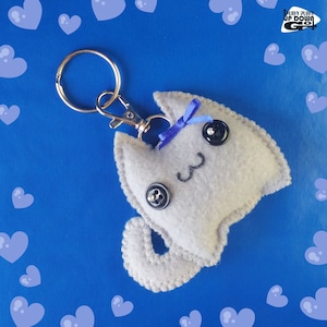 Cute Kawaii Blue Bow Gray Cat Plush Keychain & Bag Charm, Cute Kawaii Stuffed Cat Accessories, 3 inches tall x 3 1/2 inches wide