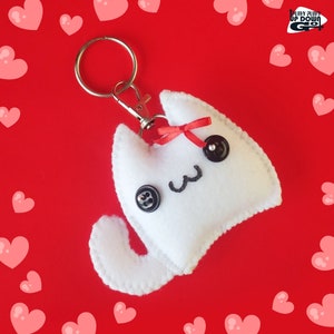 Cute Kawaii Red Bow White Cat Plush Keychain & Bag Charm, Cute Kawaii Stuffed Cat Accessories, 3 inches tall x 3 1/2 inches wide