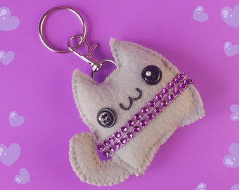 Mignon Kawaii violet strass chat gris en peluche porte-clés et breloque de sac, accessoires de chat en peluche Kawaii mignon, 3 pouces de hauteur x 3 1/2 pouces de large