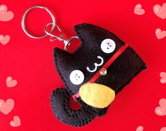Cute Kawaii Maneki Neko Cat Plush Keychain & Bag Charm, Cute Kawaii Lucky Black Stuffed Cat Accessories, 3 inches tall x 3 1/2 inches wide