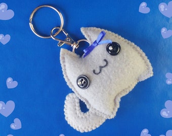Cute Kawaii Blue Bow Gray Cat Plush Keychain & Bag Charm, Cute Kawaii Stuffed Cat Accessories, 3 inches tall x 3 1/2 inches wide