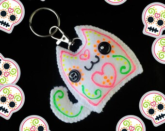 Kawaii Sugar Skull Cat Plush Keychain & Food Bag Charm, Kawaii Dia de los Muertos Keychain, Kawaii Skull Food Bag Charm Accessories