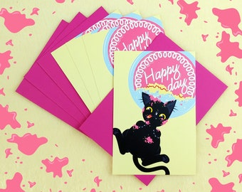 Funny Black Cat Happy Birthday Cake Postcards (set of 4 cards + envelopes)