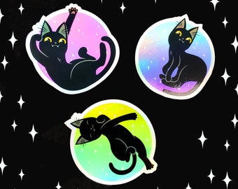 Holographic Galactic Black Cat Vinyl Stickers (set of 3) - approx. 3" x 3" each