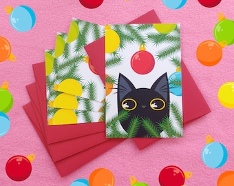 Funny Black Cat vs Christmas Tree Holiday Postcards (set of 4 cards)