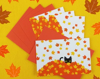 Funny Black Cat in Fall Leaves Postcards (set of 4 cards + envelopes)