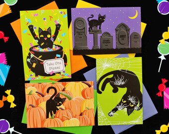 Classic Funny Black Cat Halloween Holiday Postcards (set of 4 cards + envelopes), mixed set style B