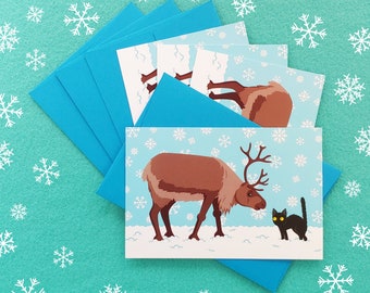 Funny Black Cat vs. Reindeer Christmas Winter Holiday Postcards (set of 4 cards)