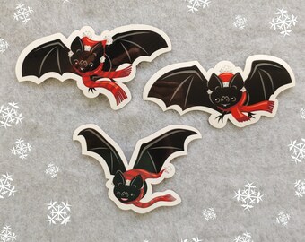 Bats in Bobble Hats Goth Christmas Vinyl Stickers (set of 3) - various sizes (approx. 3.25"-3.75" wide)
