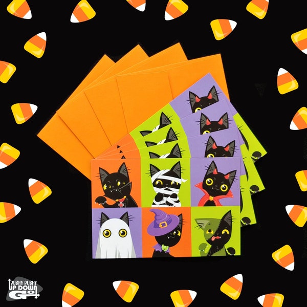 Funny Black Cat in Costume Halloween Postcards (set of 4 cards + envelopes)