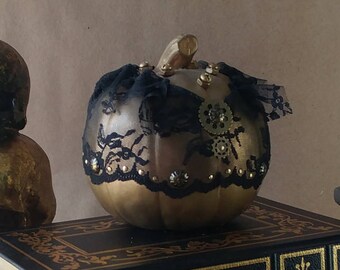 Metallic Gold & Black Lace Steampunk Pumpkin Halloween Decoration, Sophisticated Handmade Designer Pumpkin Fall Decor