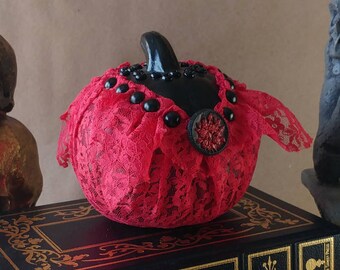 Black & Red Lace Victorian Gothic Pumpkin Halloween Decoration, Sophisticated Handmade Designer Pumpkin