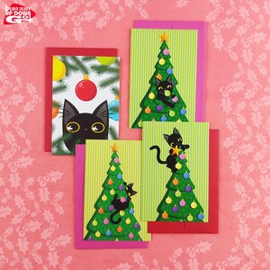 Funny Black Cat Christmas Tree Antics Holiday Postcards (set of 4 cards)