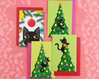 Funny Black Cat Christmas Tree Antics Holiday Postcards (set of 4 cards)