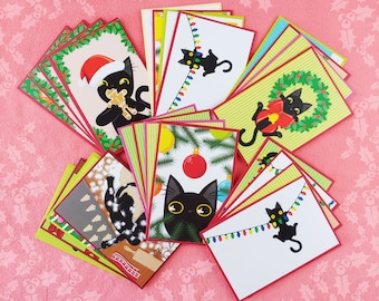 Funny Black Cat Christmas Holiday Postcard Ultimate Set (set of 24 cards)