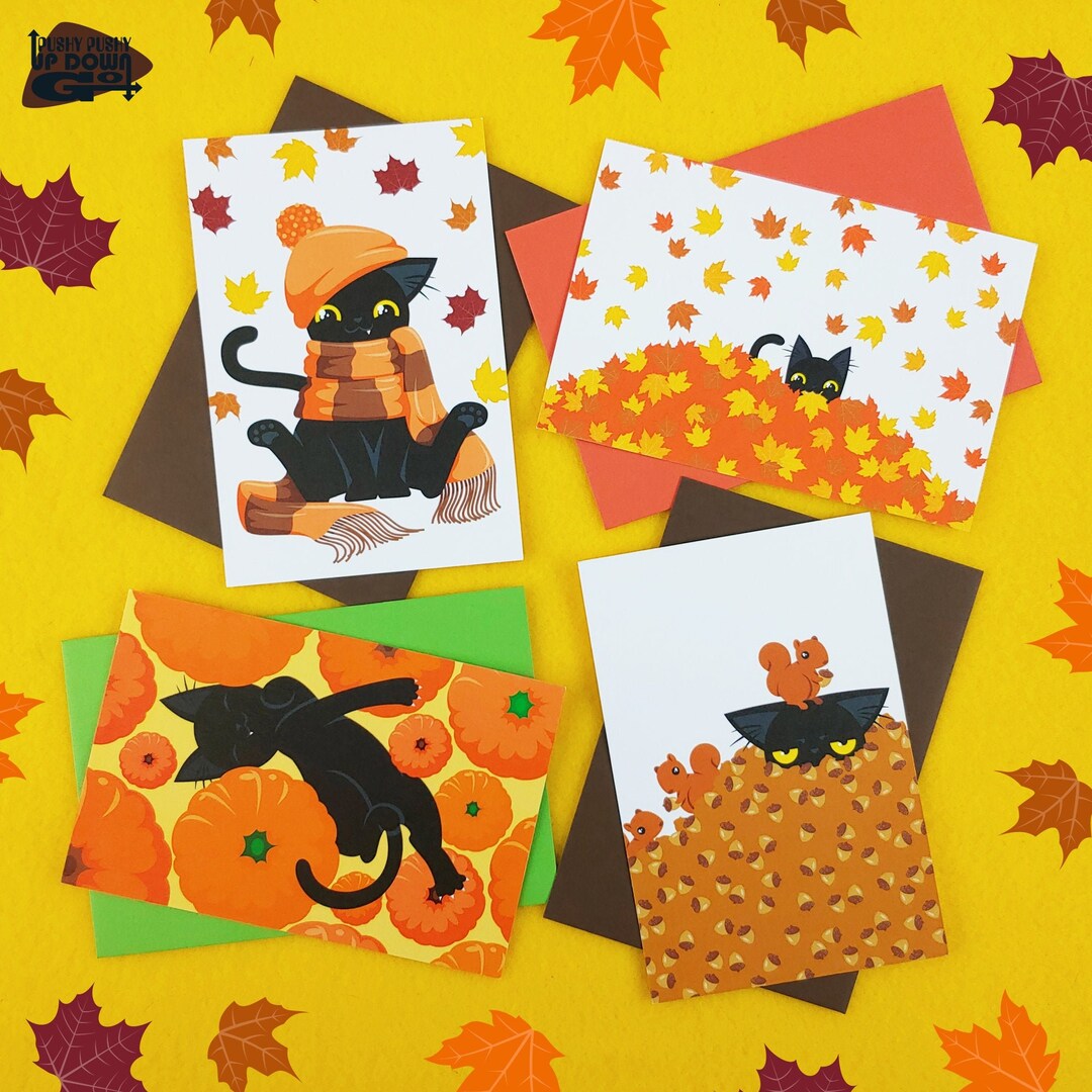 Funny Black Cat Fall Fun Postcards (set of 4 Cards + Envelopes), Mixed ...