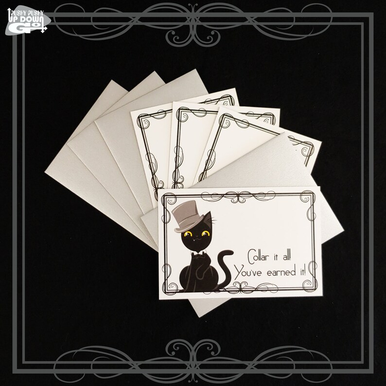 set of 4 cards + envelopes Dapper Black Cat Plummy Congratulations Postcards style D