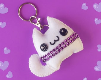 Cute Kawaii Purple Rhinestone White Cat Plush Keychain & Bag Charm, Cute Kawaii Stuffed Cat Accessories, 3 inches tall x 3 1/2 inches wide