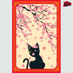 May include: A whimsical illustration features a black cat with pink cherry blossoms. The cat is under a flowering tree with pink blossoms against a cream background, framed by a red border with gold accents. The image has the text "Pushy Pushy Up Down Go".