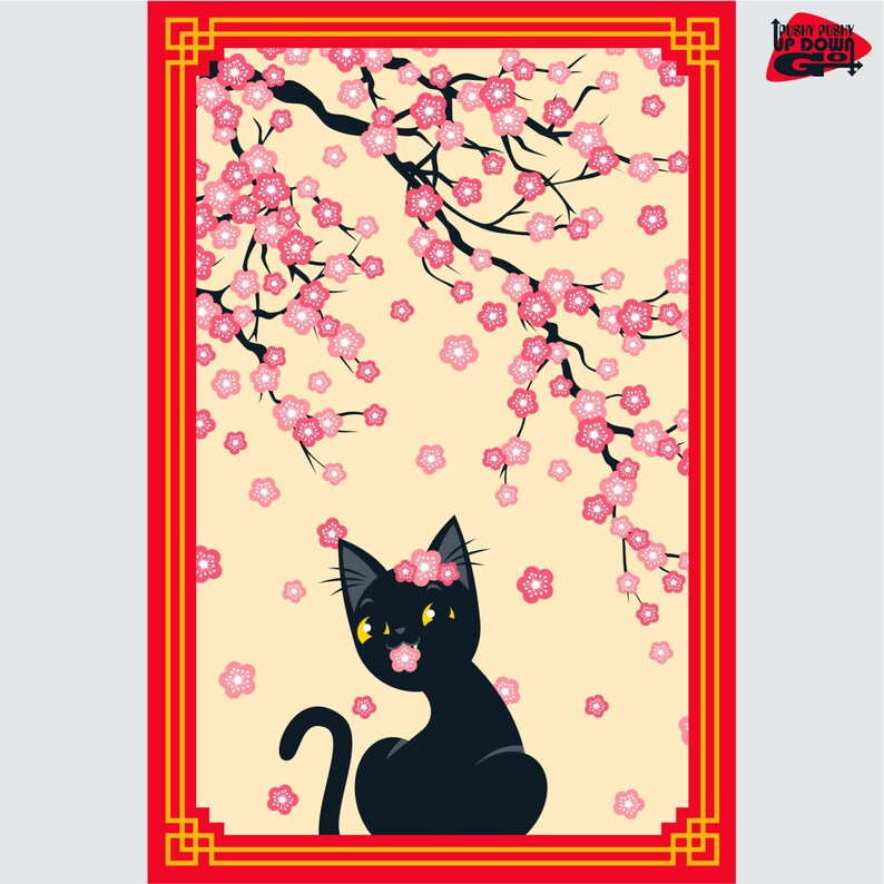 May include: A whimsical illustration features a black cat with pink cherry blossoms. The cat is under a flowering tree with pink blossoms against a cream background, framed by a red border with gold accents. The image has the text "Pushy Pushy Up Down Go".