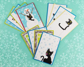 Funny Black Cat Winter Holiday Postcard Super Set (set of 12 cards), style B