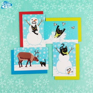 Funny Black Cat Snow Day Fun Christmas & Winter Holiday Postcards (set of 4 cards)