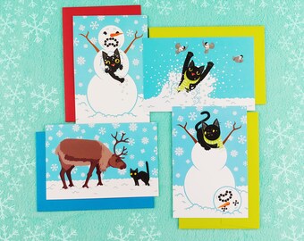 Funny Black Cat Snow Day Fun Christmas & Winter Holiday Postcards (set of 4 cards)