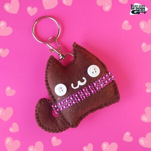 Cute Kawaii Pink Rhinestone Brown Cat Plush Keychain & Bag Charm, Cute Kawaii Stuffed Cat Accessories, 3 inches tall x 3 1/2 inches wide