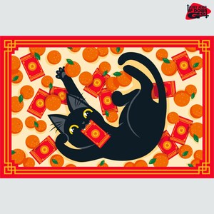 May include: A black cat cartoon is playfully surrounded by oranges and red envelopes on a cream-colored background. The cat is lying on its back, holding an envelope in its mouth. The scene is framed by a red border.
