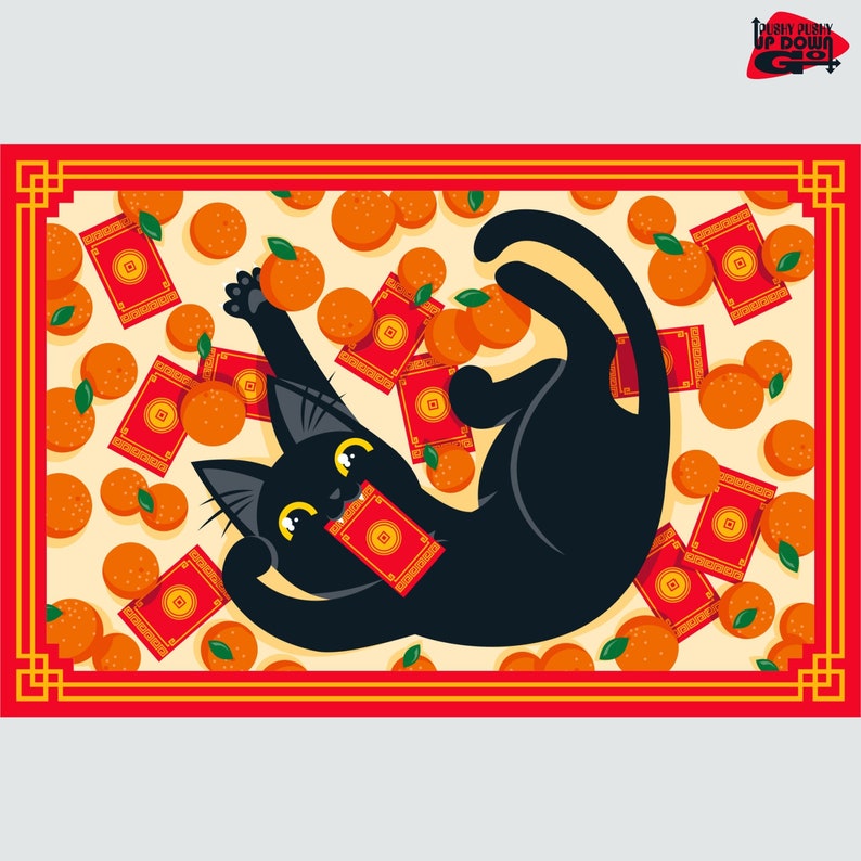 May include: A black cat cartoon is playfully surrounded by oranges and red envelopes on a cream-colored background. The cat is lying on its back, holding an envelope in its mouth. The scene is framed by a red border.