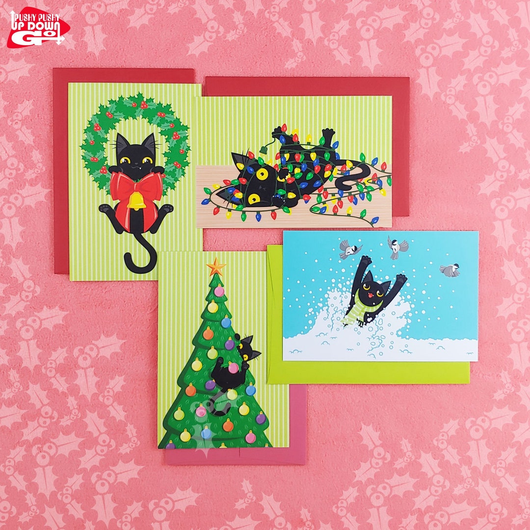 Classic Funny Black Cat Christmas Holiday Postcards (set of 4 Cards ...