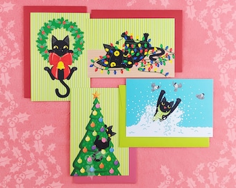 Classic Funny Black Cat Christmas Holiday Postcards (set of 4 cards), style B