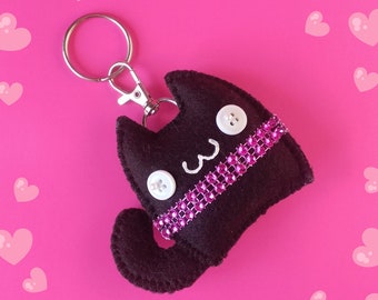 Mignon Kawaii rose strass chat noir en peluche porte-clés et breloque de sac, accessoires de chat en peluche Kawaii mignon, 3 pouces de hauteur x 3 1/2 pouces de large