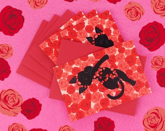 Funny Cat in Roses Valentines Day Postcards (set of 4 cards + envelopes)