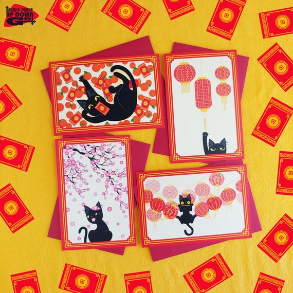 Funny Black Cat Lunar New Year Postcards (set of 4 cards + envelopes), mixed set