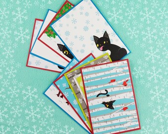 Funny Black Cat Winter Holiday Postcard Super Set (set of 8 cards), style A