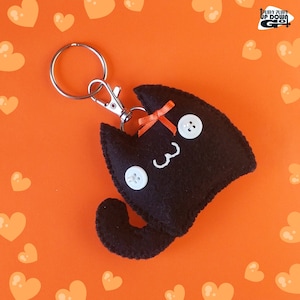 Cute Kawaii Orange Bow Black Cat Plush Keychain & Bag Charm, Cute Kawaii Stuffed Cat Accessories, 3 inches tall x 3 1/2 inches wide