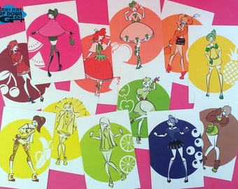 Harajuku Fruits Kawaii Fashion Postcard Art Print Set, Kawaii Fashion Illustration Art Prints & Postcards, Fruit Illustration Wall Art